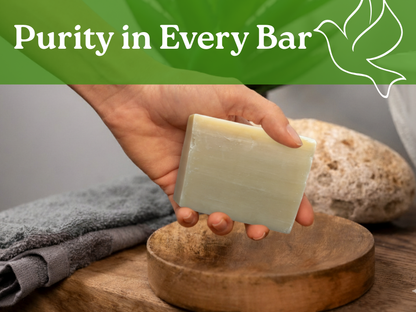 Hand holding a bar of soap with 'Purity in Every Bar' text and a dove logo.