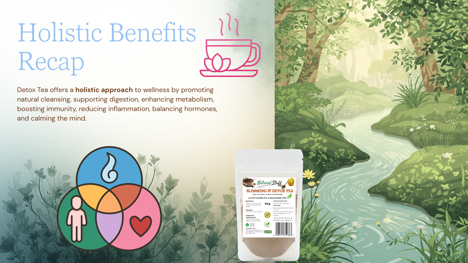 Holistic benefits of detox tea with nature-themed illustration and product packaging.