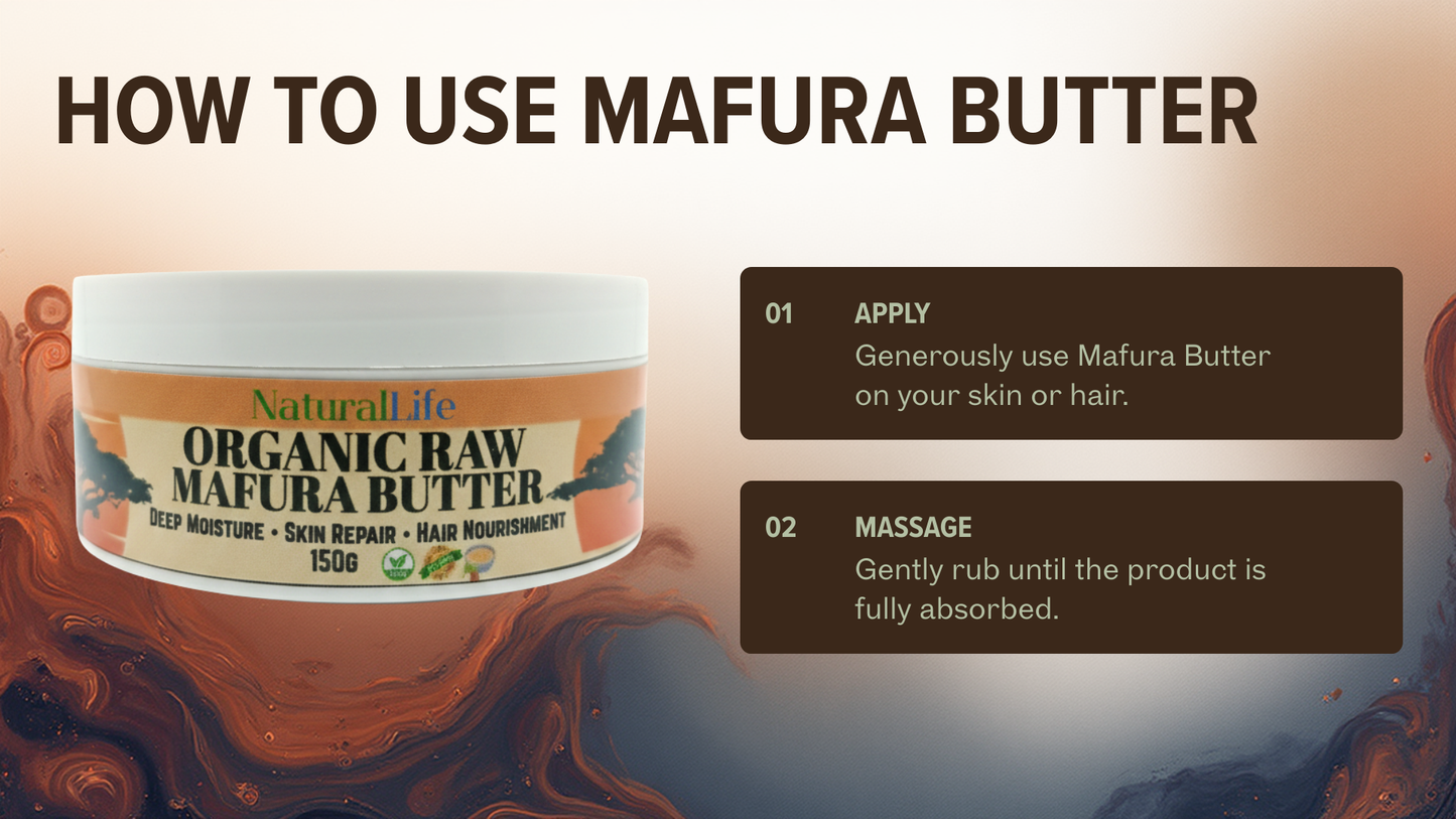 Container of Organic Raw Mafura Butter with instructions on how to use it.