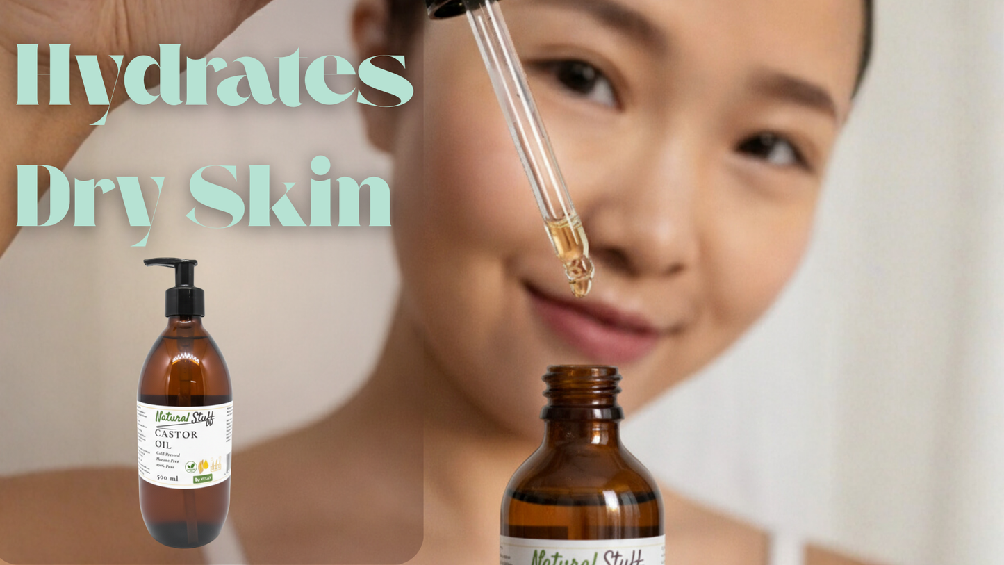 Woman applying oil to her face with a dropper, featuring 'Natural Stuffs' skincare products.