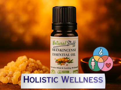 Frankincense essential oil bottle with resin and 'Holistic Wellness' text on a warm background