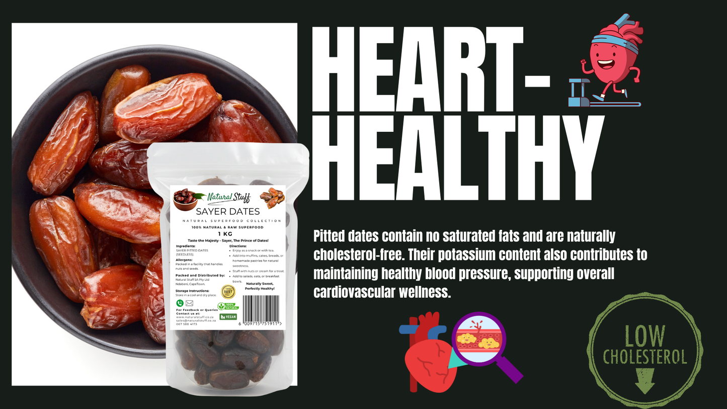 Sayer Dates packaging with a bowl of dates and health benefits text on a black background.