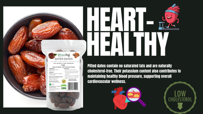 Sayer Dates packaging with a bowl of dates and health benefits text on a black background.