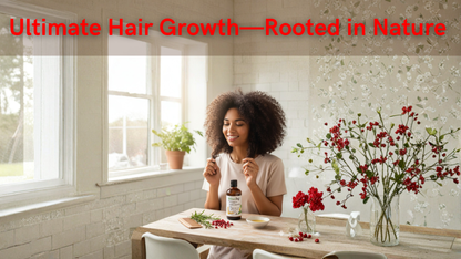 Woman sitting at a table with a bottle of hair growth product, surrounded by natural elements.