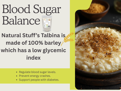 Advertisement for Natural Stuff's Talbina, a product made of 100% barley with health benefits on a white background.