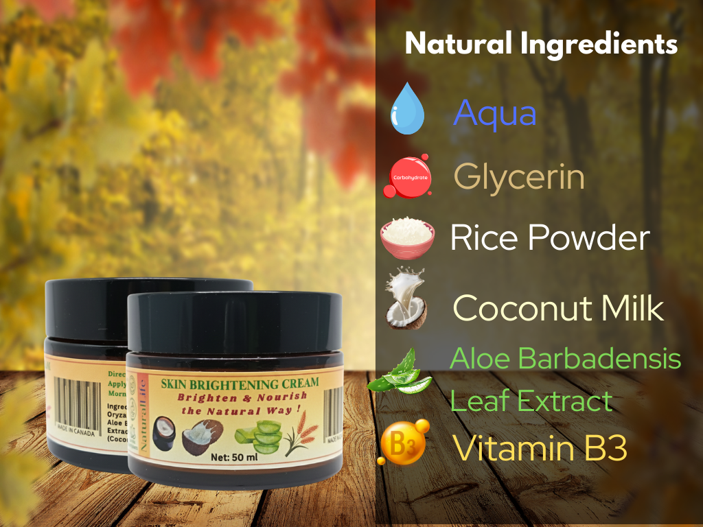 Two jars of skin brightening cream with natural ingredients listed on a wooden surface and autumn leaf background.