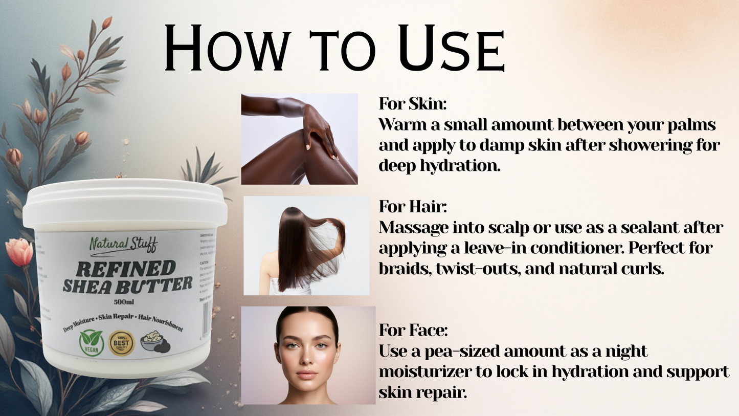Shea butter container with usage instructions for skin, hair, and face on a gradient background.