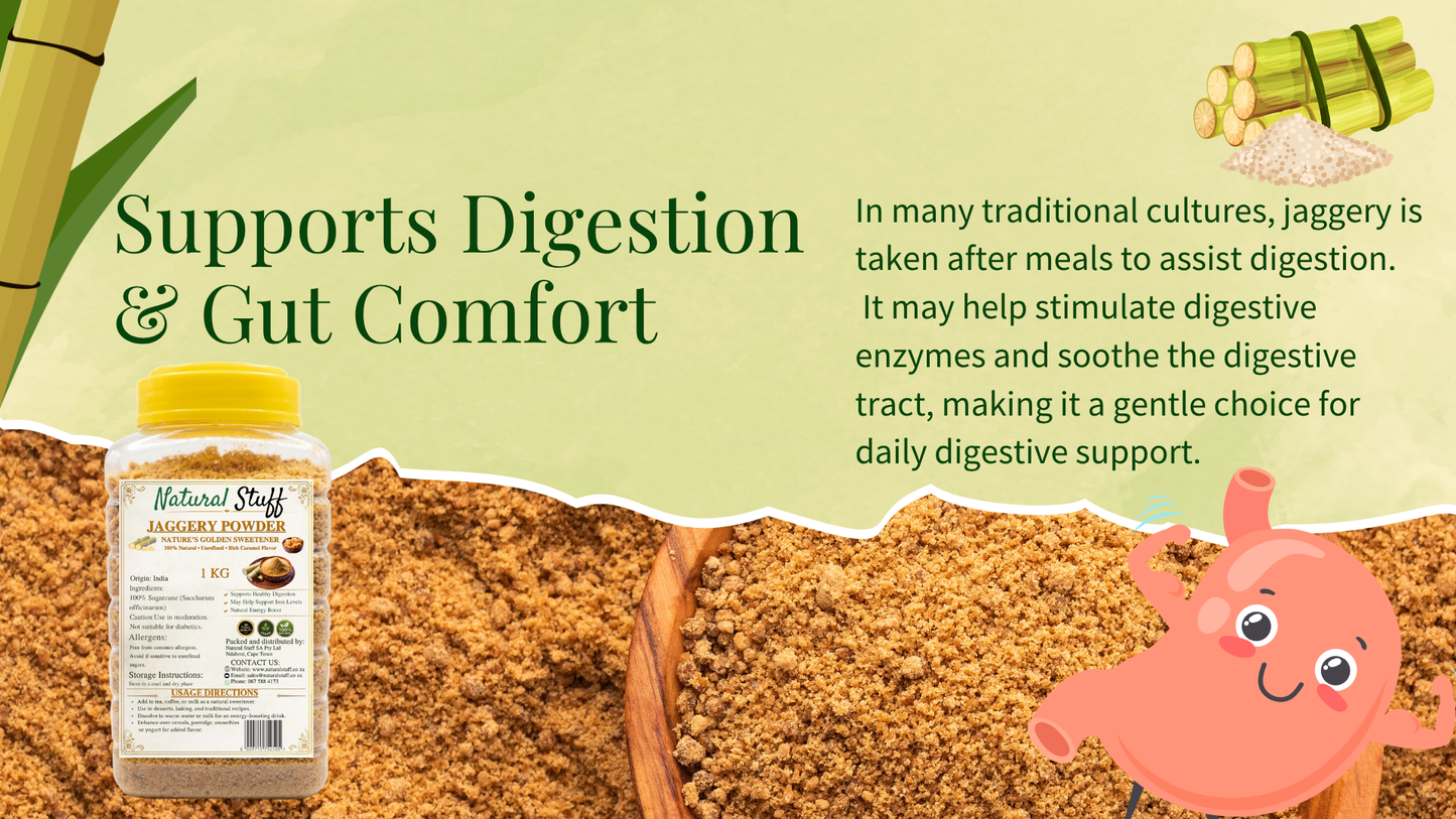 Advertisement for a digestive health product with text about jaggery's benefits on a green background.