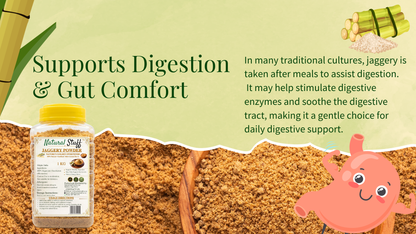 Advertisement for a digestive health product with text about jaggery's benefits on a green background.