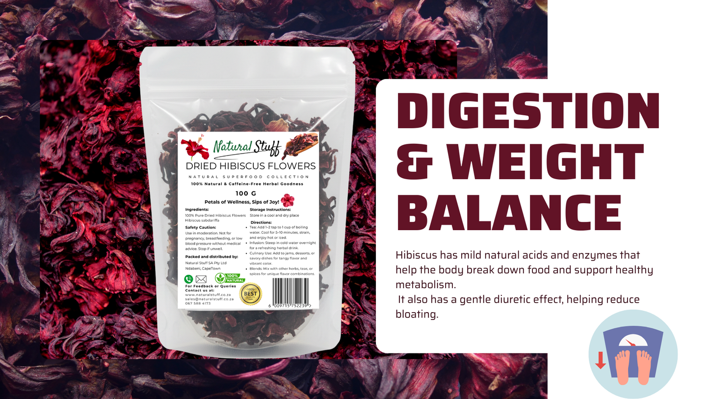 Packaged dried hibiscus flowers with text on a hibiscus flower background