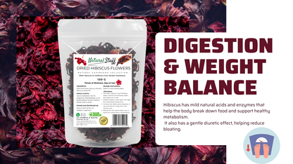 Packaged dried hibiscus flowers with text on a hibiscus flower background