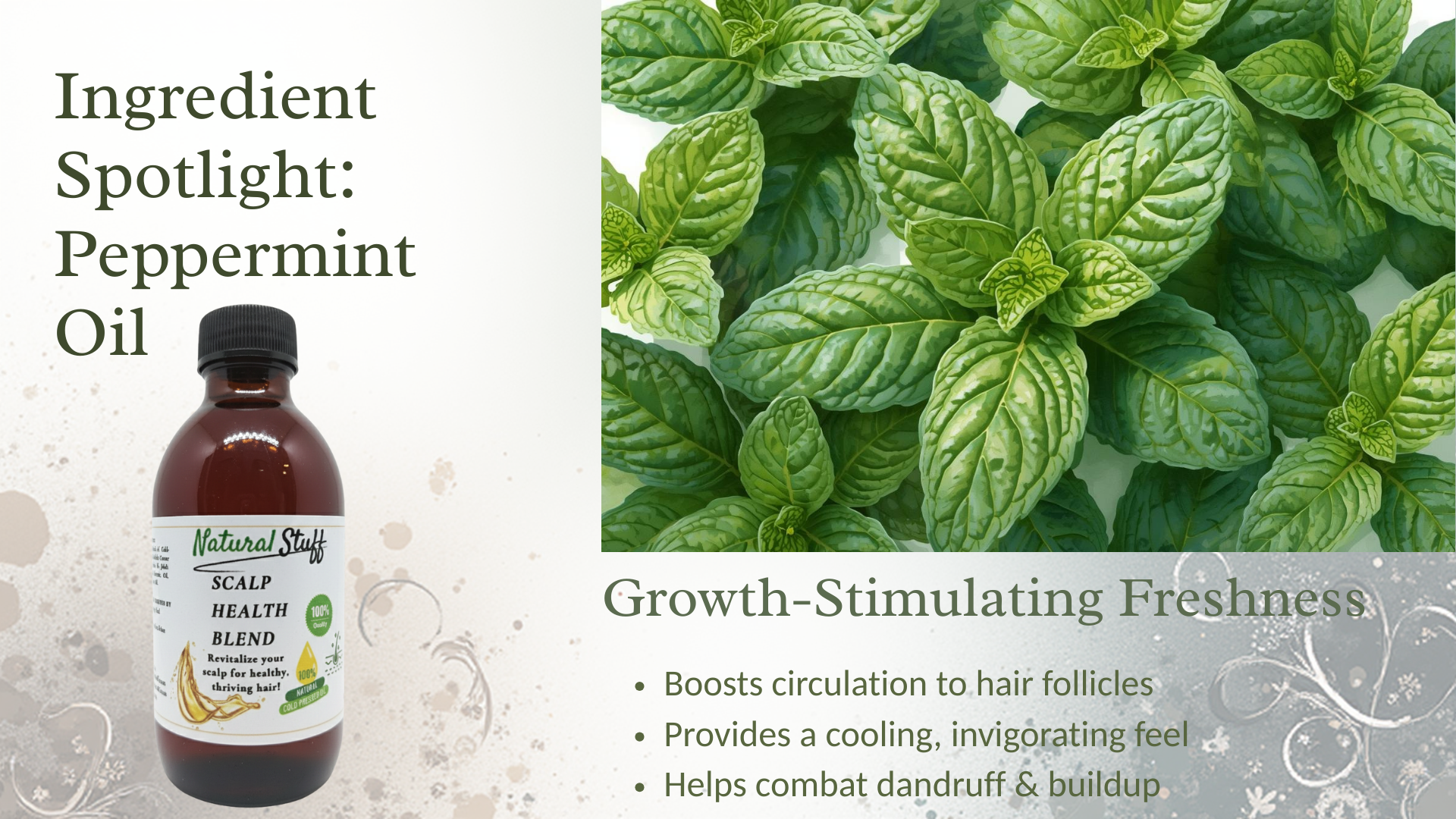 Bottle of peppermint oil with text about its benefits on a green leaf background