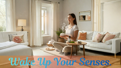Woman in a cozy living room with text 'Wake Up Your Senses'.