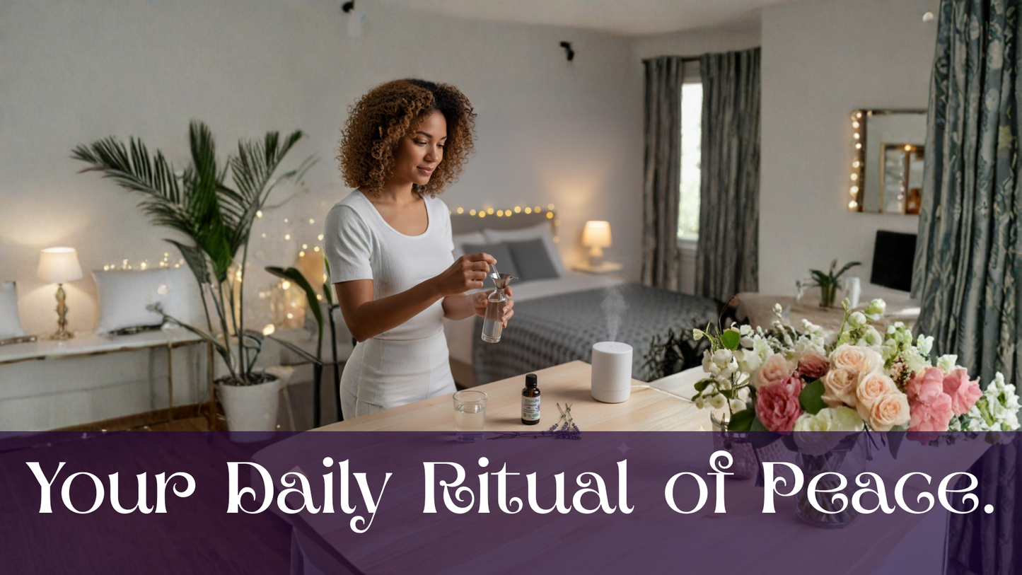 Woman in a bedroom setting with flowers and a table, with text 'Your Daily Ritual of Peace'.