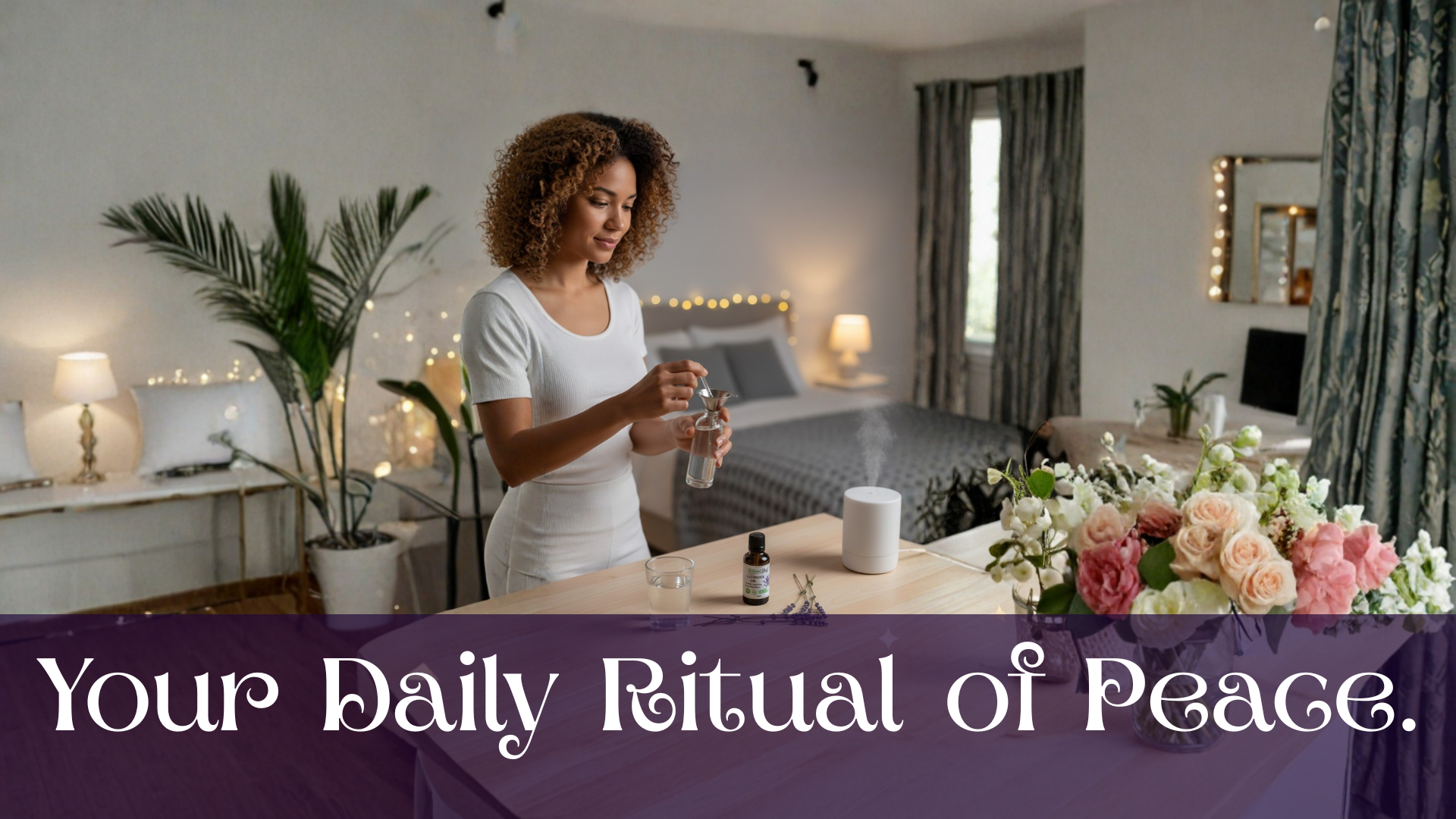 Woman in a bedroom setting with flowers and a table, with text 'Your Daily Ritual of Peace'.