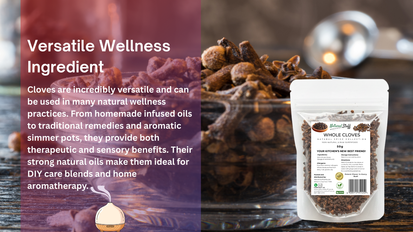 Container of whole cloves with text about their versatility in wellness practices.