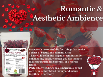 Advertisement for rose petals with romantic imagery and product packaging.