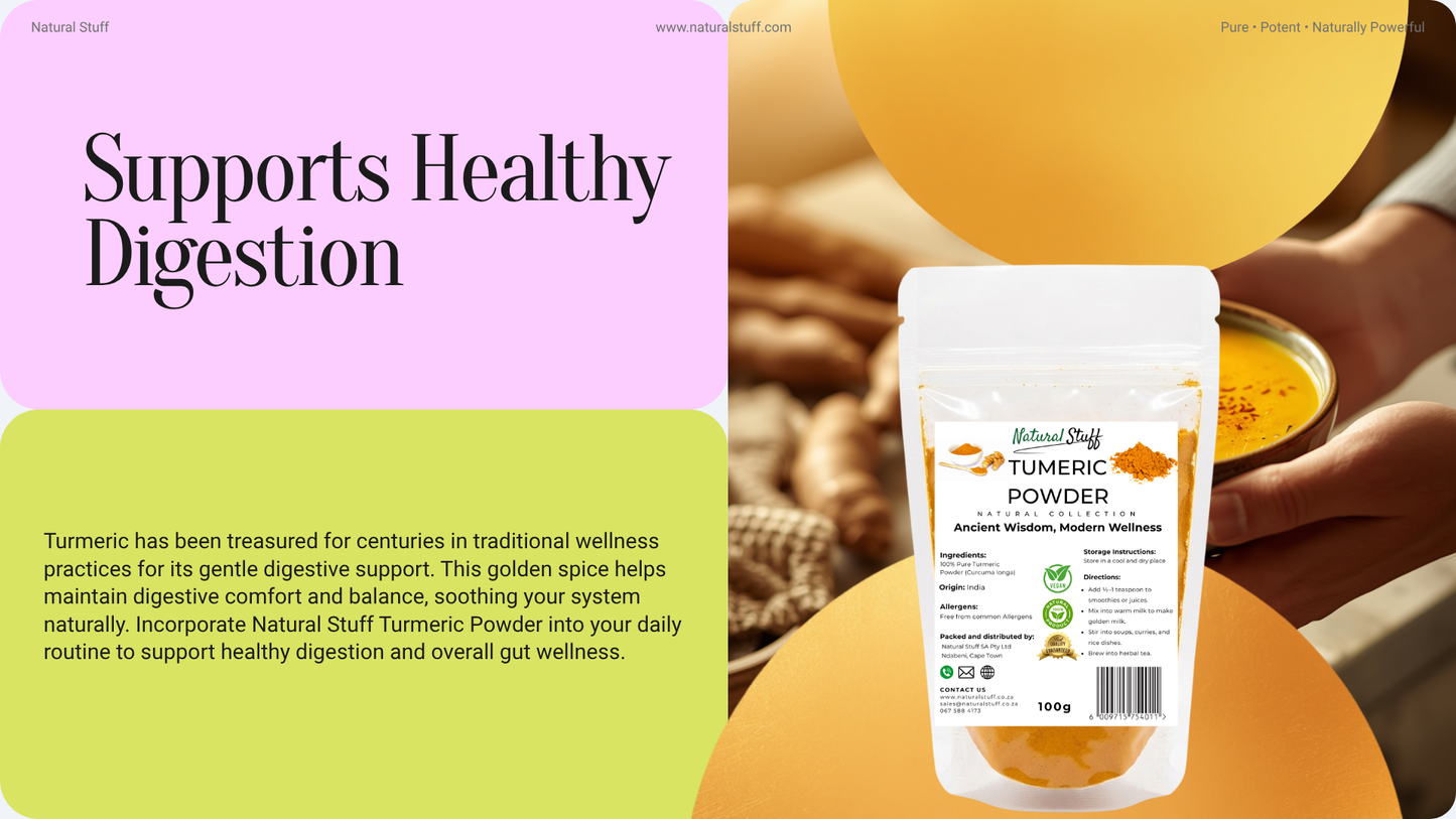 Turmeric powder package with text about healthy digestion on a colorful background
