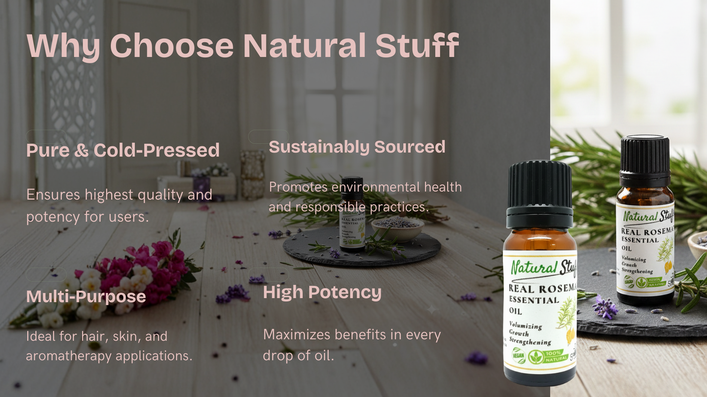 Bottle of Natural Stuff essential oil with text about choosing natural products.
