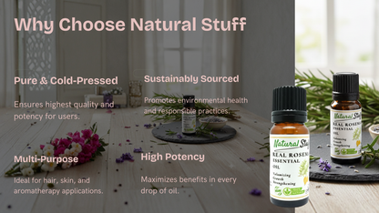 Bottle of Natural Stuff essential oil with text about choosing natural products.