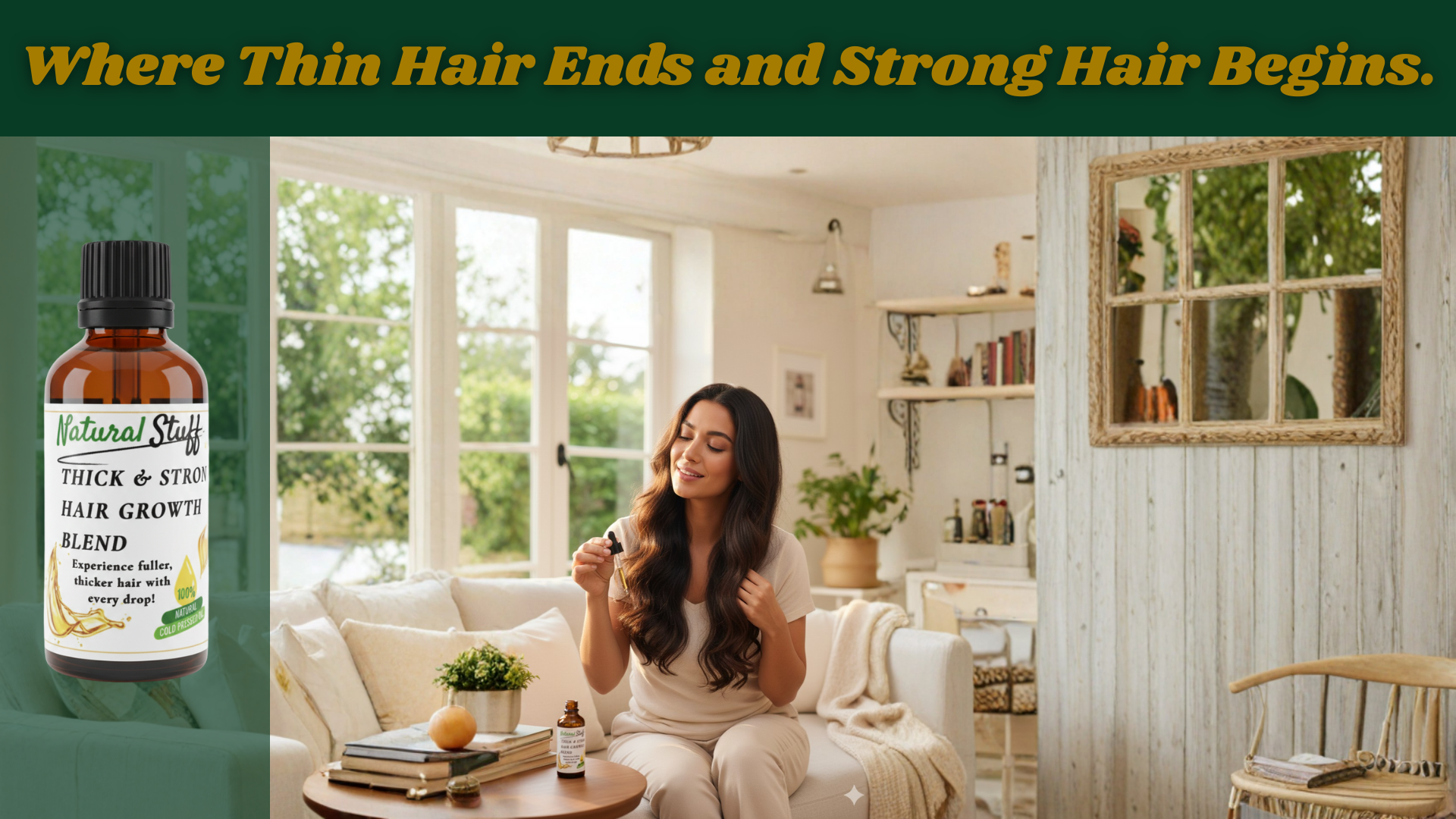 Woman sitting on a couch using a hair growth product with a bottle of Natural Style hair growth blend on a green background.