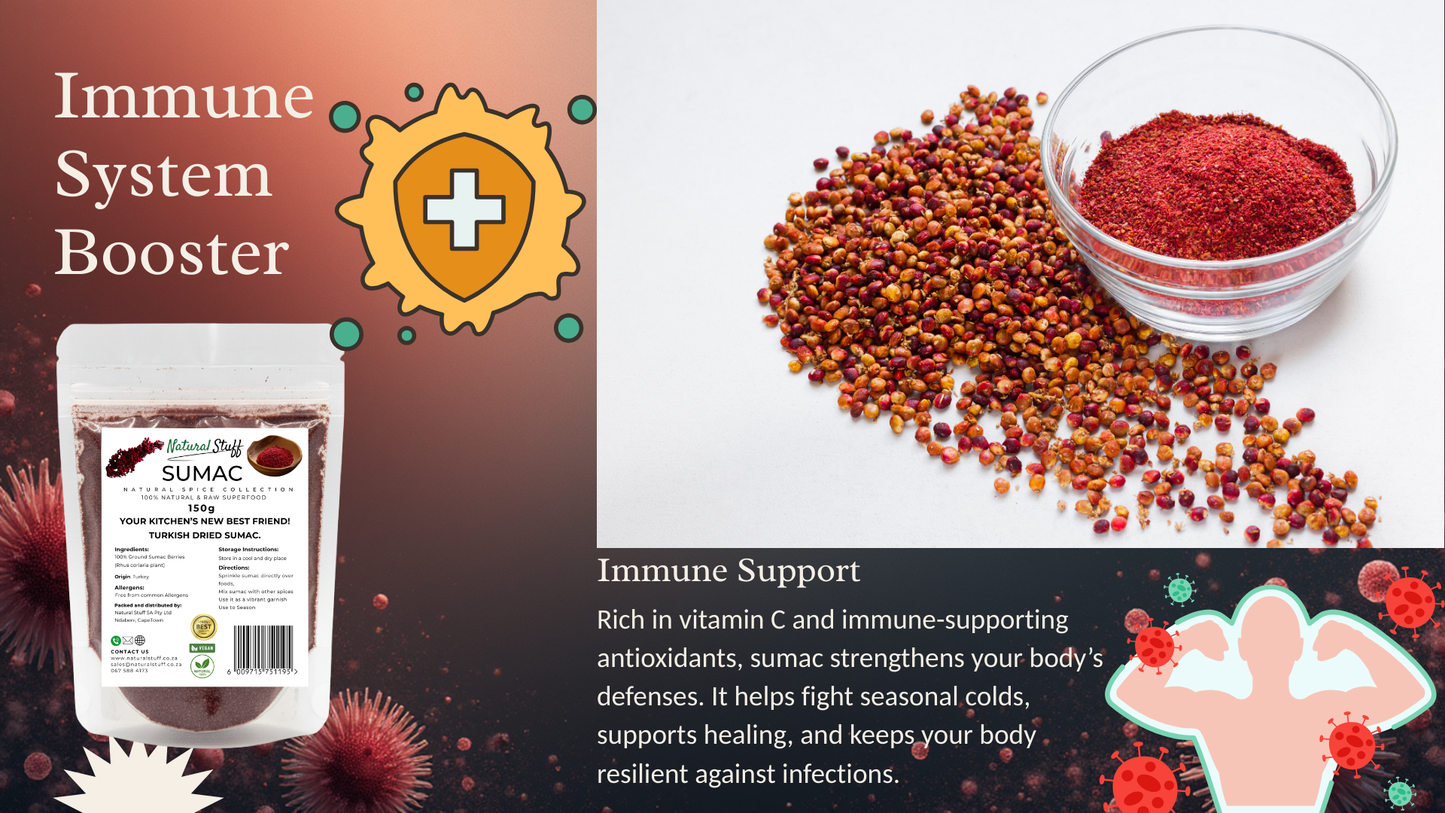 Sumac product packaging with immune system booster text and graphics on a dark background.