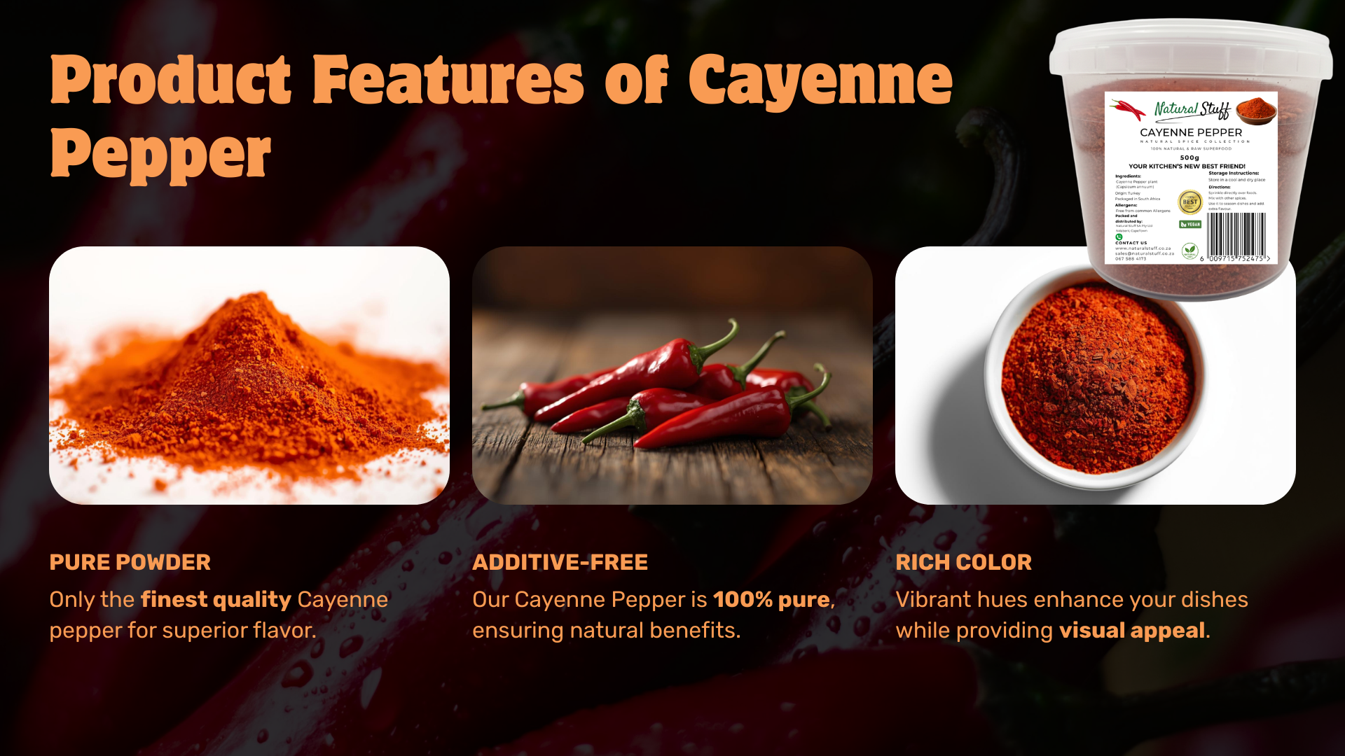 Product features of Cayenne Pepper with images and text on a dark background
