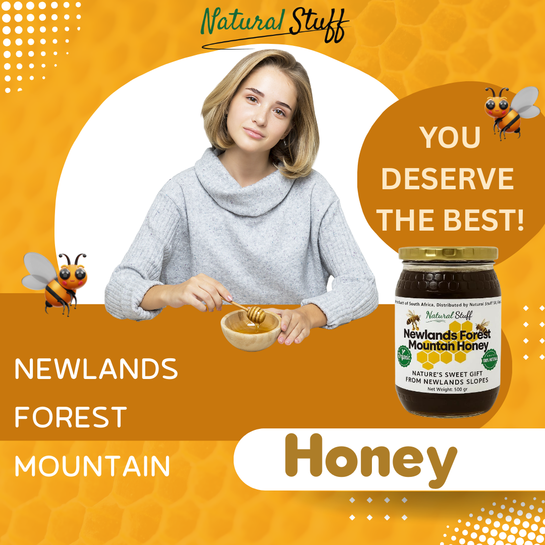 Woman eating honey with a jar of Newlands Forest Mountain Honey on an orange background