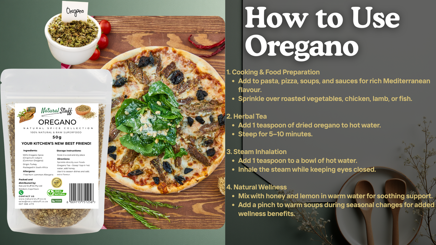 Oregano packaging with a pizza and oregano leaves, alongside instructions on how to use oregano.