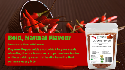 Cayenne pepper container with red peppers and promotional text on a brown background