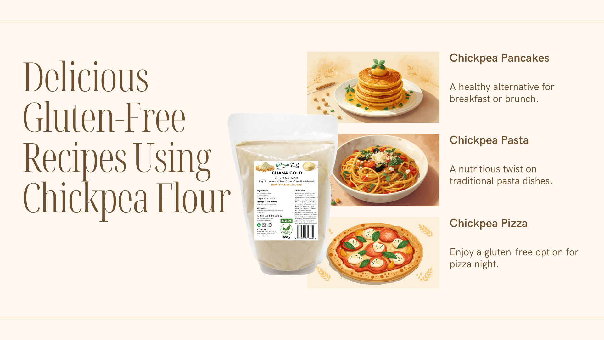 Advertisement for chickpea flour with images of chickpea-based products and recipes.