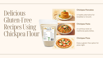 Advertisement for chickpea flour with images of chickpea-based products and recipes.
