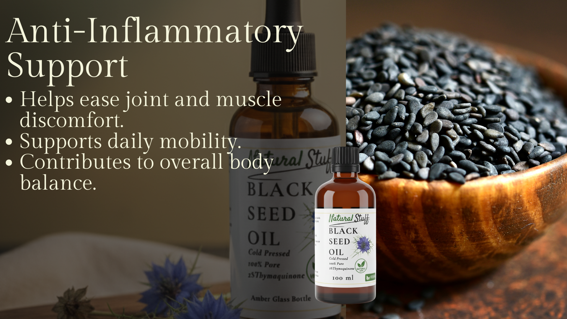 Black seed oil bottles with a bowl of black seeds and text about anti-inflammatory support.