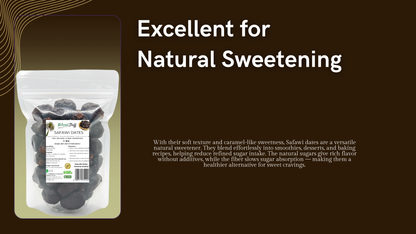 Packaged dried fruits with a label on a brown background, text about natural sweetening.