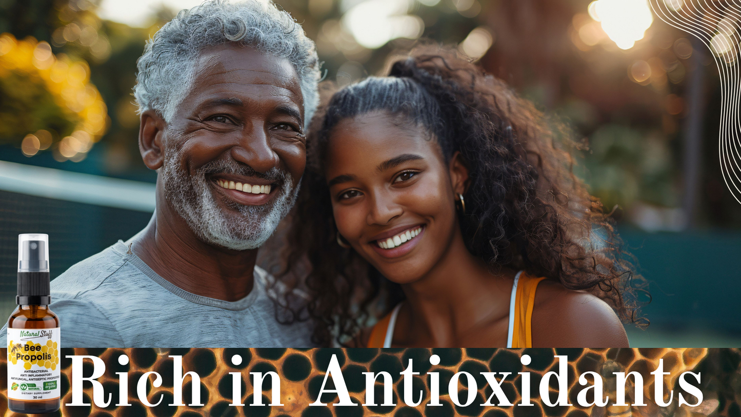 Man and woman smiling outdoors with a bottle labeled 'Rich in Antioxidants'.