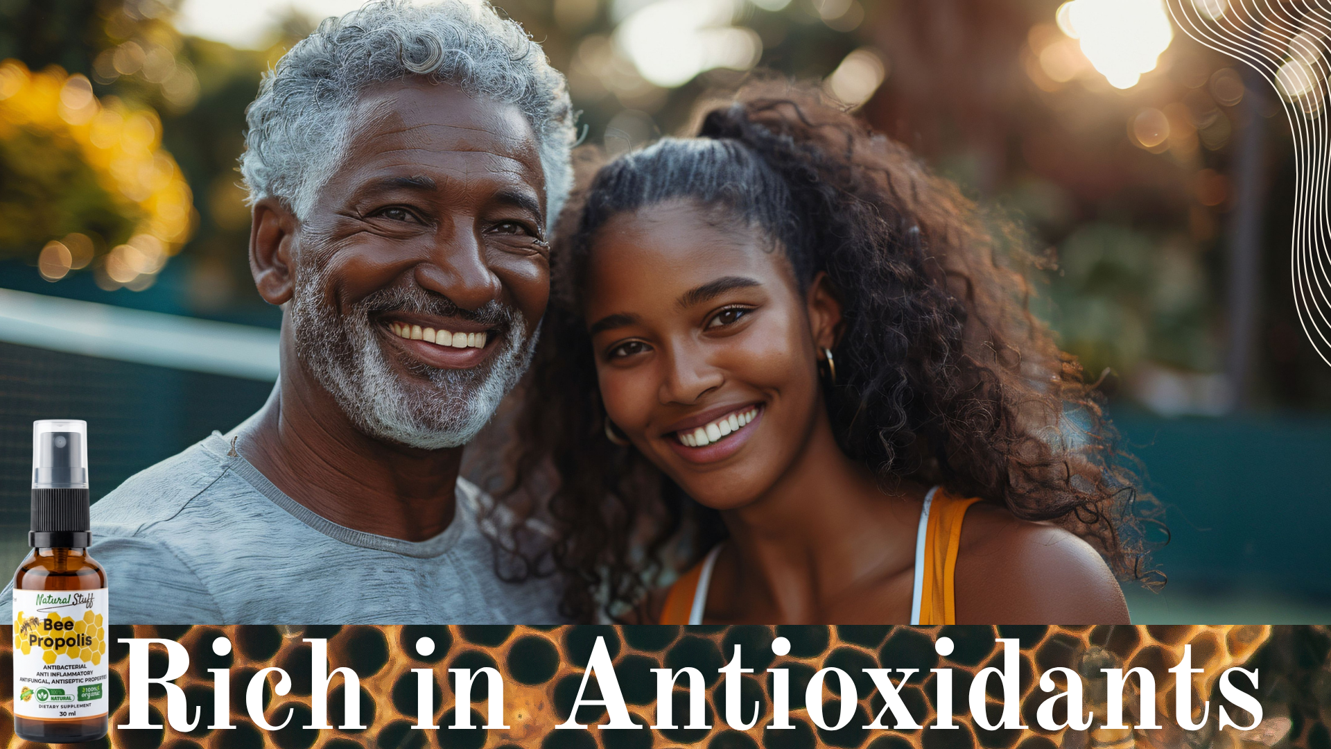 Man and woman smiling outdoors with a bottle labeled 'Rich in Antioxidants'.