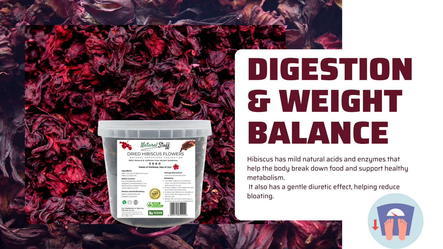 Container of dried hibiscus flowers with text on digestion and weight balance.