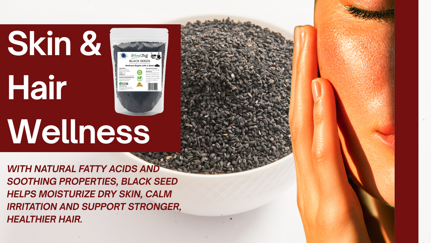 Advertisement for skin and hair wellness with black seed and a bowl of black seeds.
