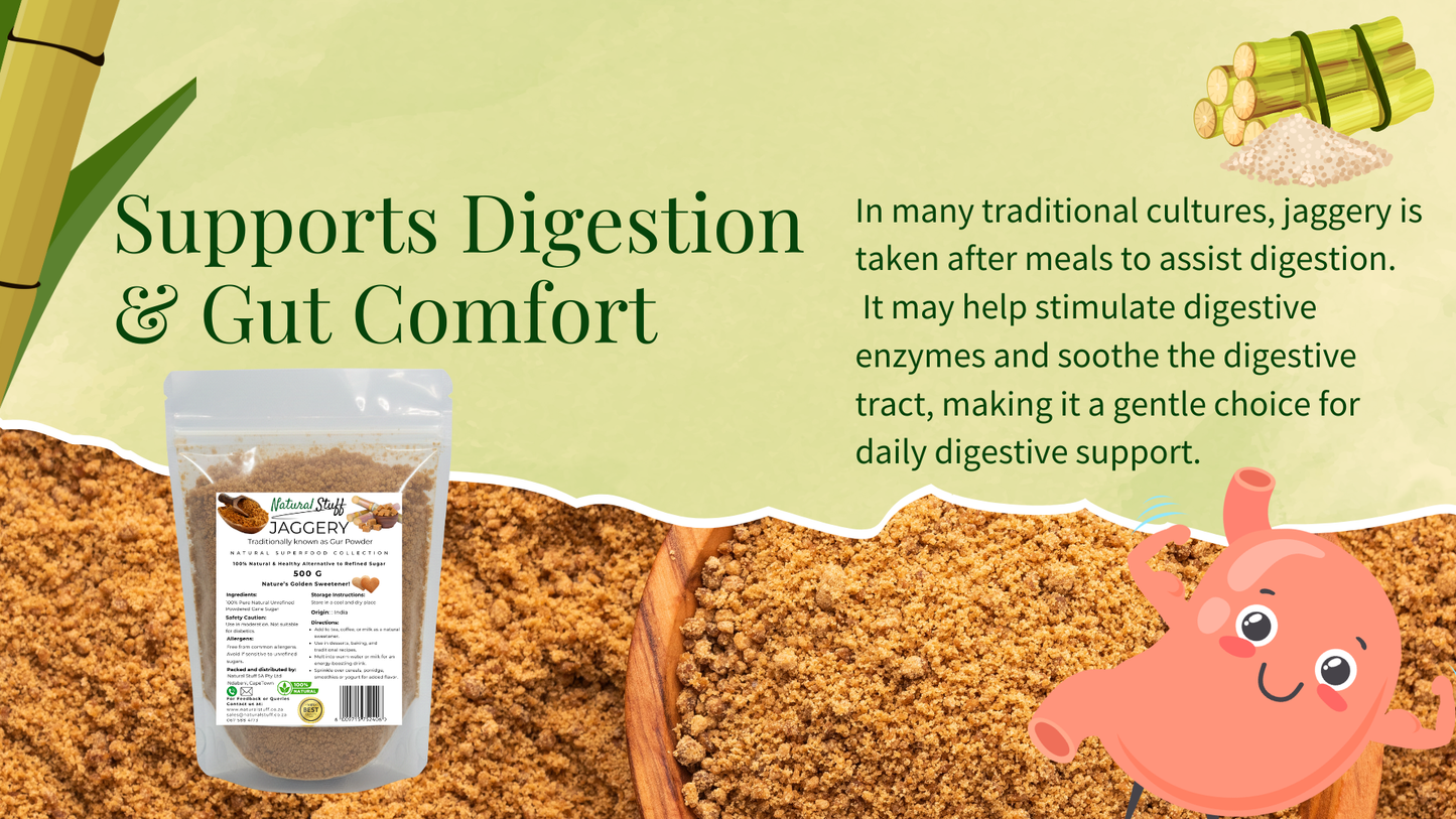 Jaggery product with packaging and text about digestive benefits on a green background
