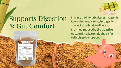 Jaggery product with packaging and text about digestive benefits on a green background