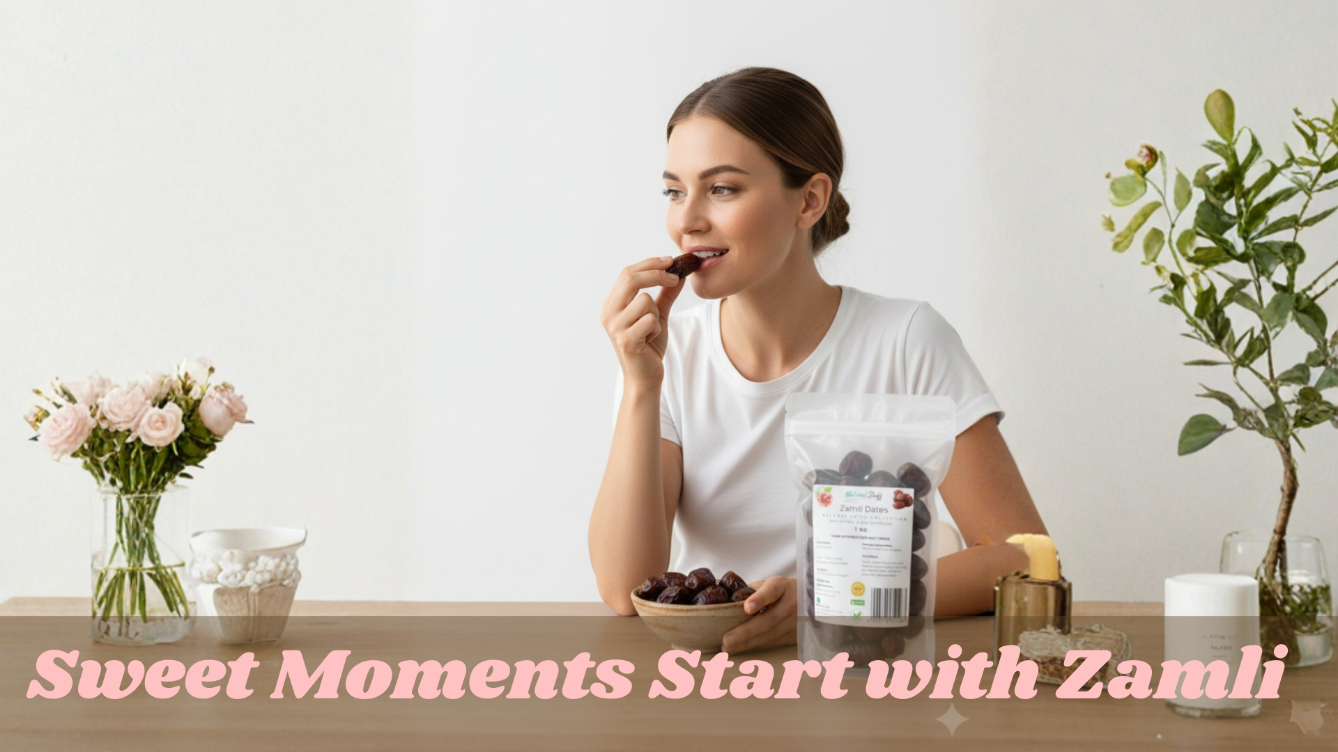 Woman eating a chocolate bar with a box of Zamli products on a table, surrounded by flowers and candles.