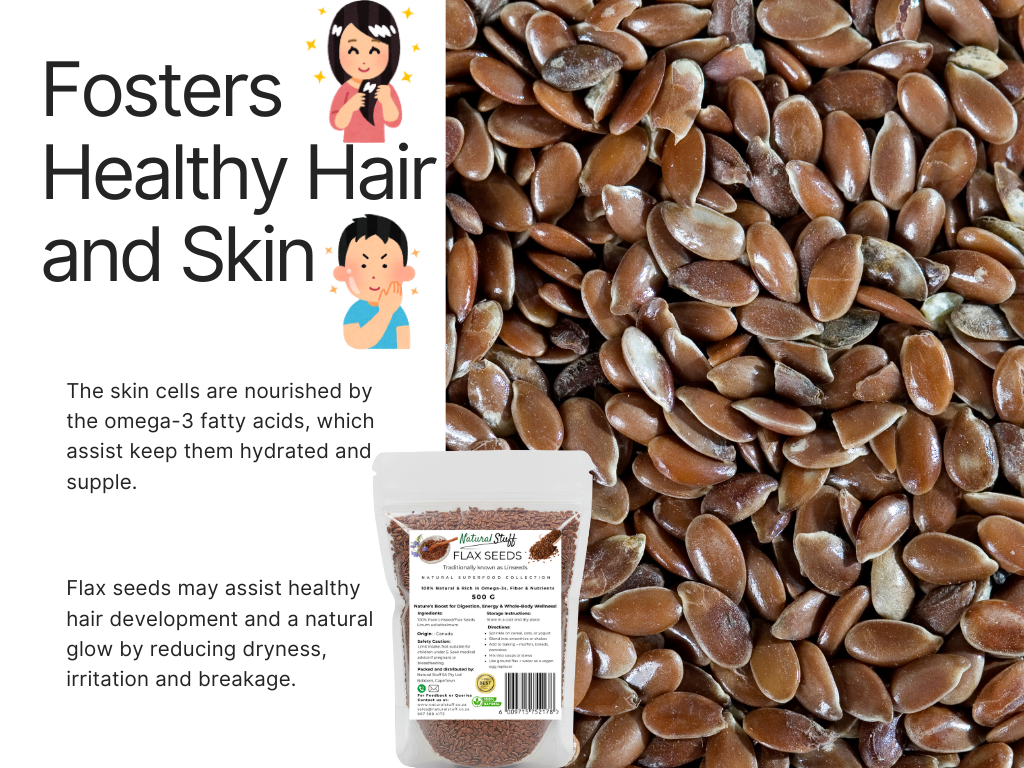 Flax seeds with a package and text about health benefits on a white background