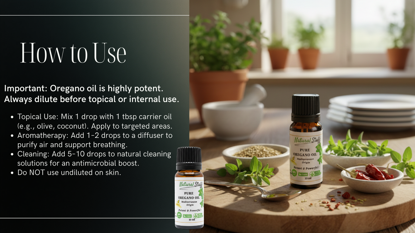 Oregano oil bottles on a wooden surface with herbs and text on how to use oregano oil.