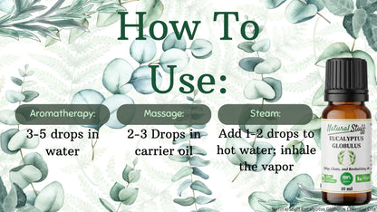 Eucalyptus oil bottle with usage instructions on a green leafy background