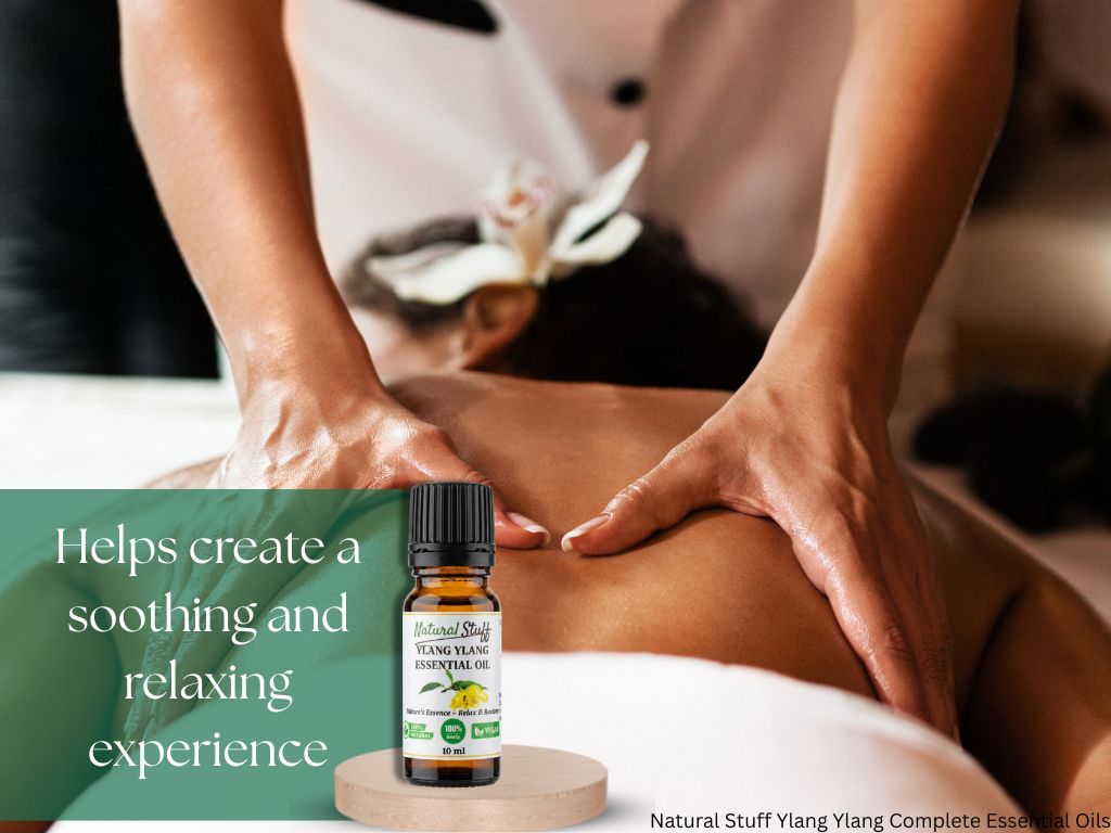 Bottle of essential oil with a massage scene and text about a soothing experience