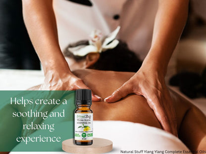Bottle of essential oil with a massage scene and text about a soothing experience