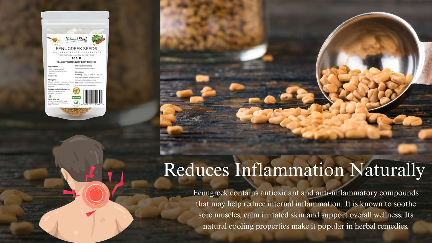 Fenugreek seeds with packaging, spoon, and text about inflammation reduction.