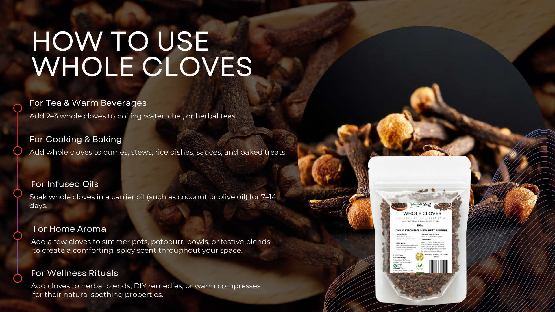 Instructions on how to use whole cloves with a package of cloves in the foreground.