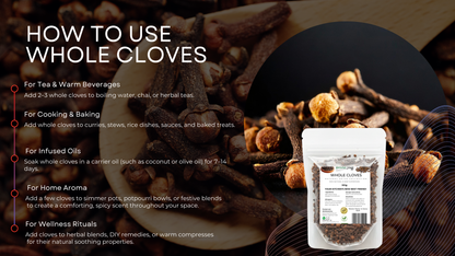 Instructions on how to use whole cloves with a package of cloves in the foreground.