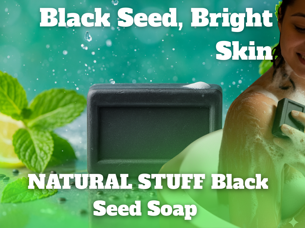 Advertisement for Black Seed Soap with a person using soap, mint leaves, and a green background.